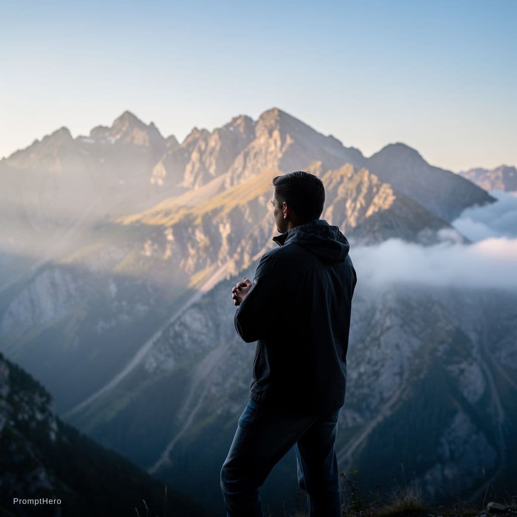 AI generated: hmmmm thinking person in background mountains
