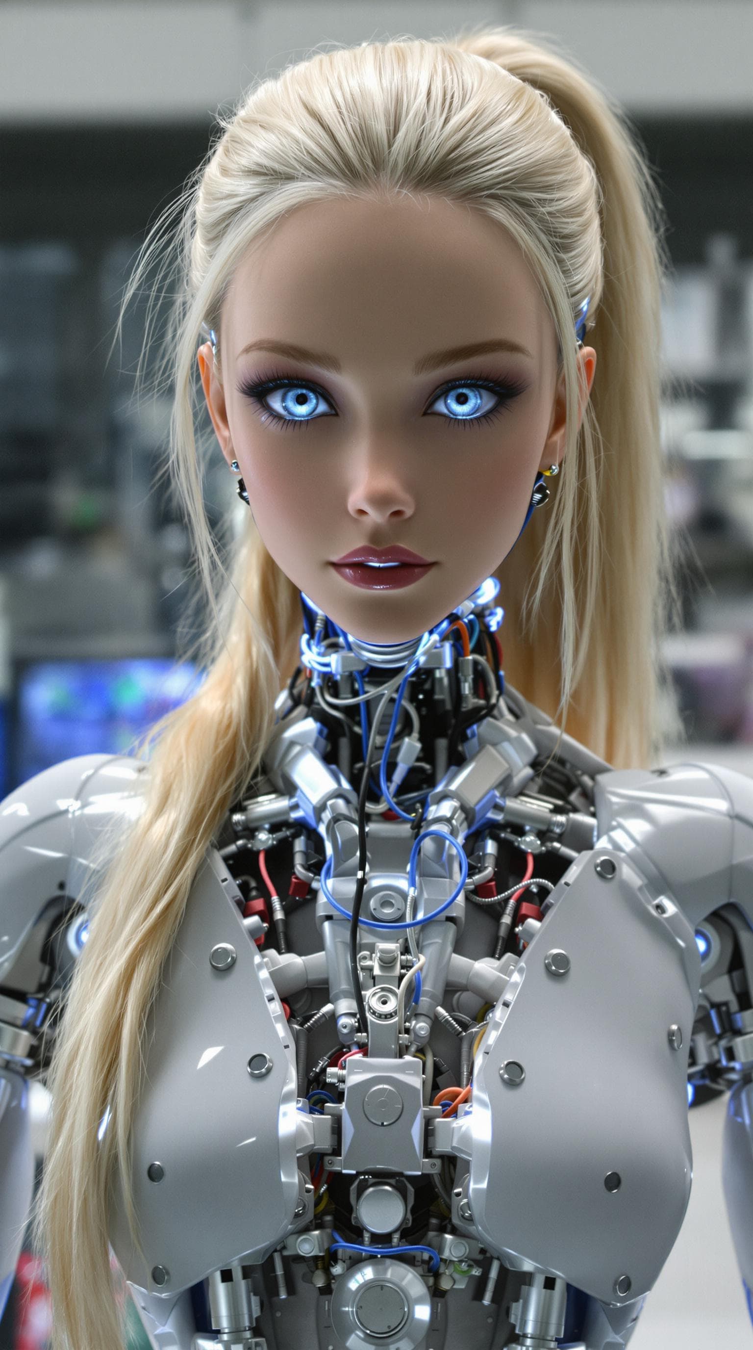 AI generated: exceptionally beautiful blonde hair blue eyed (age 9), artificial intelligence robot, (futuristic),(...