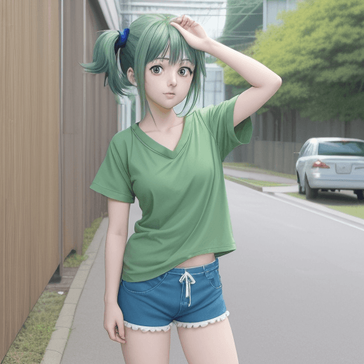AI generated: anime girl in green shirt and blue shorts posing for picture, by Kose Kanaoka, anime visual of a cut...