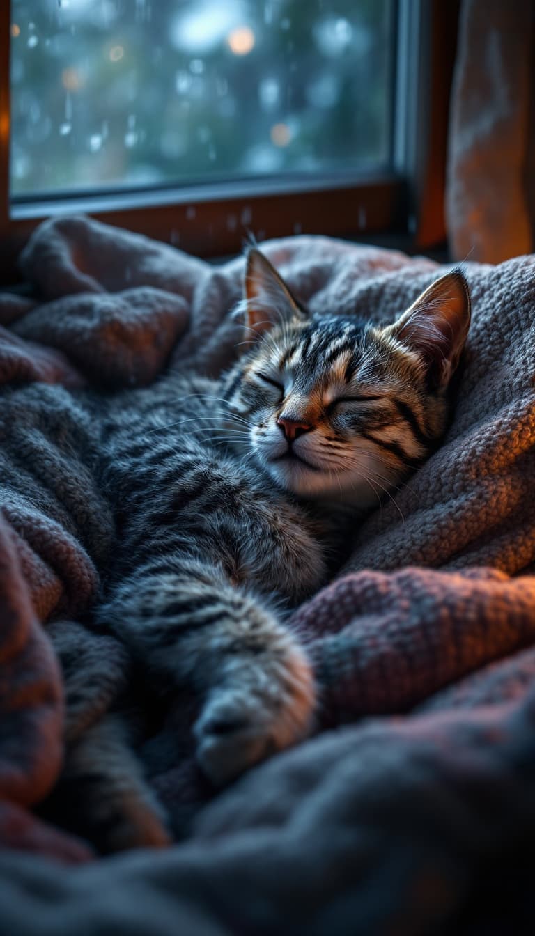 AI generated: a realistic bipedal American Shorthair cat sleeping peacefully indoors, wearing cozy clothes, while ...