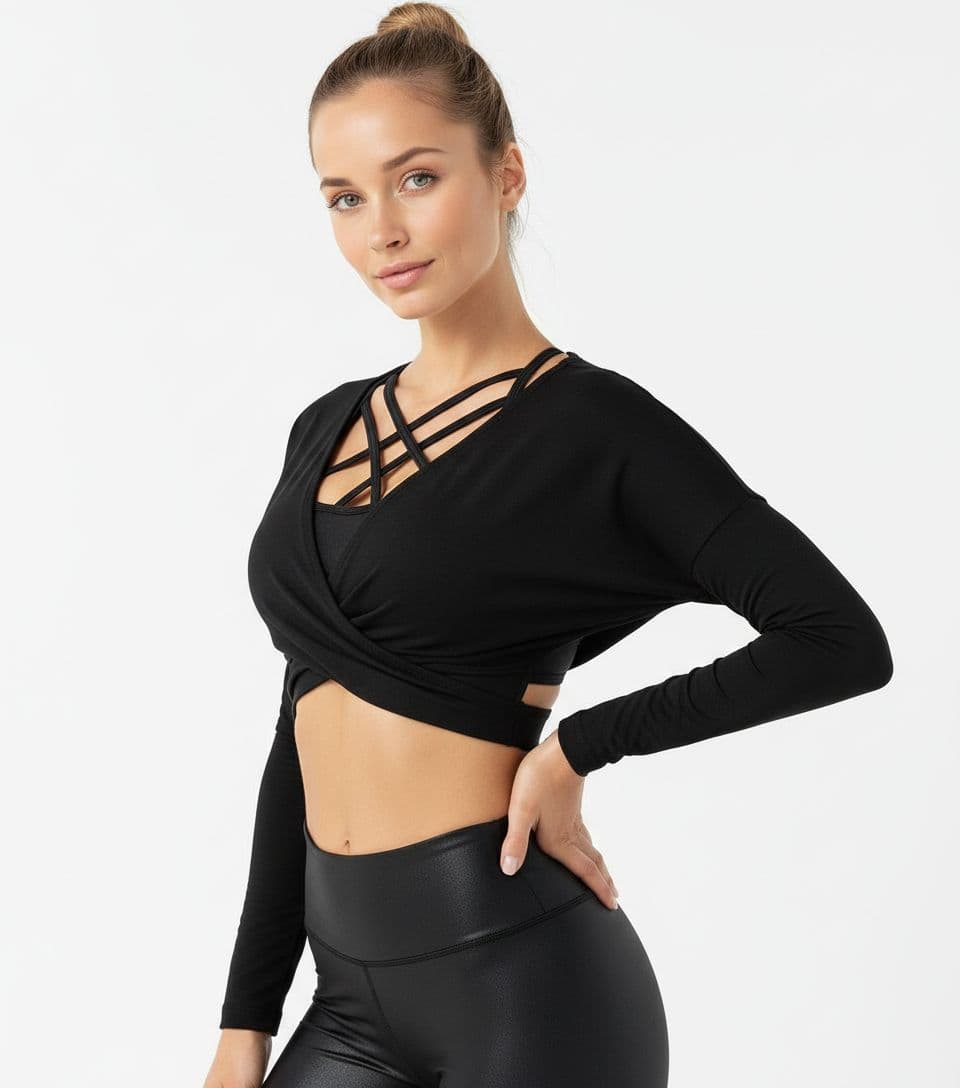 AI generated: High-quality studio shot of a fit woman, seen from the front, wearing premium black long sleeves act...