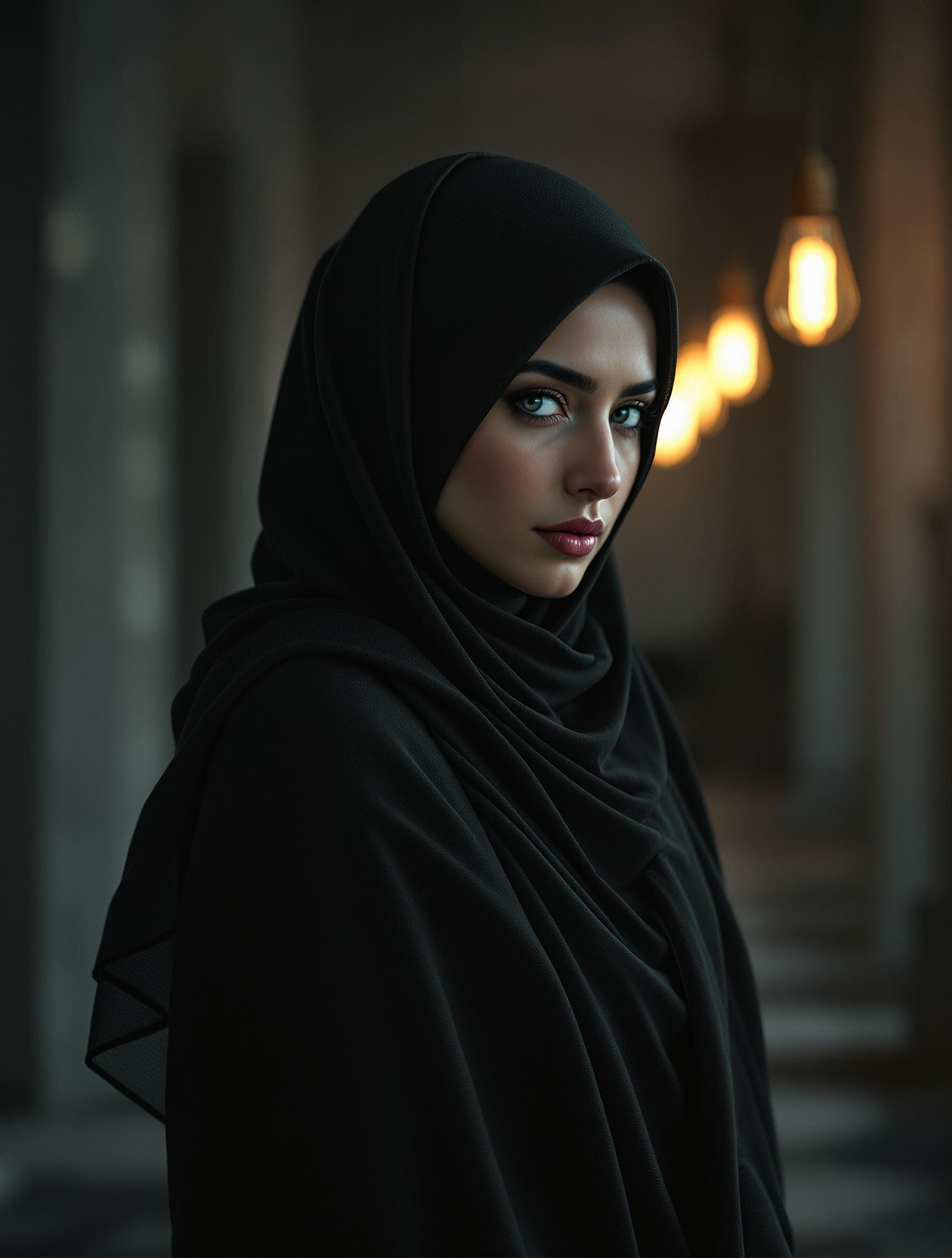 AI generated: close-up, masterpiece, digital art, a beautiful Iranian woman wearing a full body hijab, hourglass b...