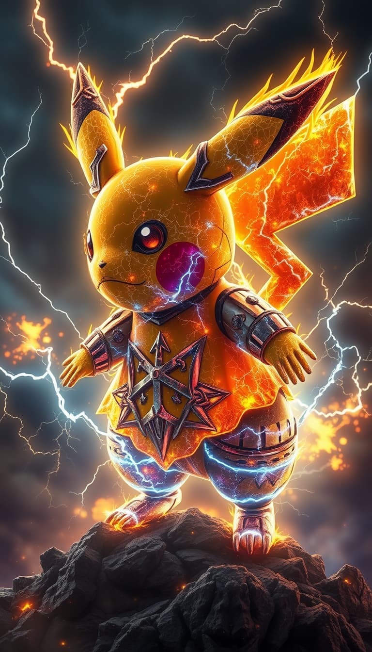 AI generated: Create an awe-inspiring masterpiece depicting a war-torn, godlike Pikachu transcending dimensional b...