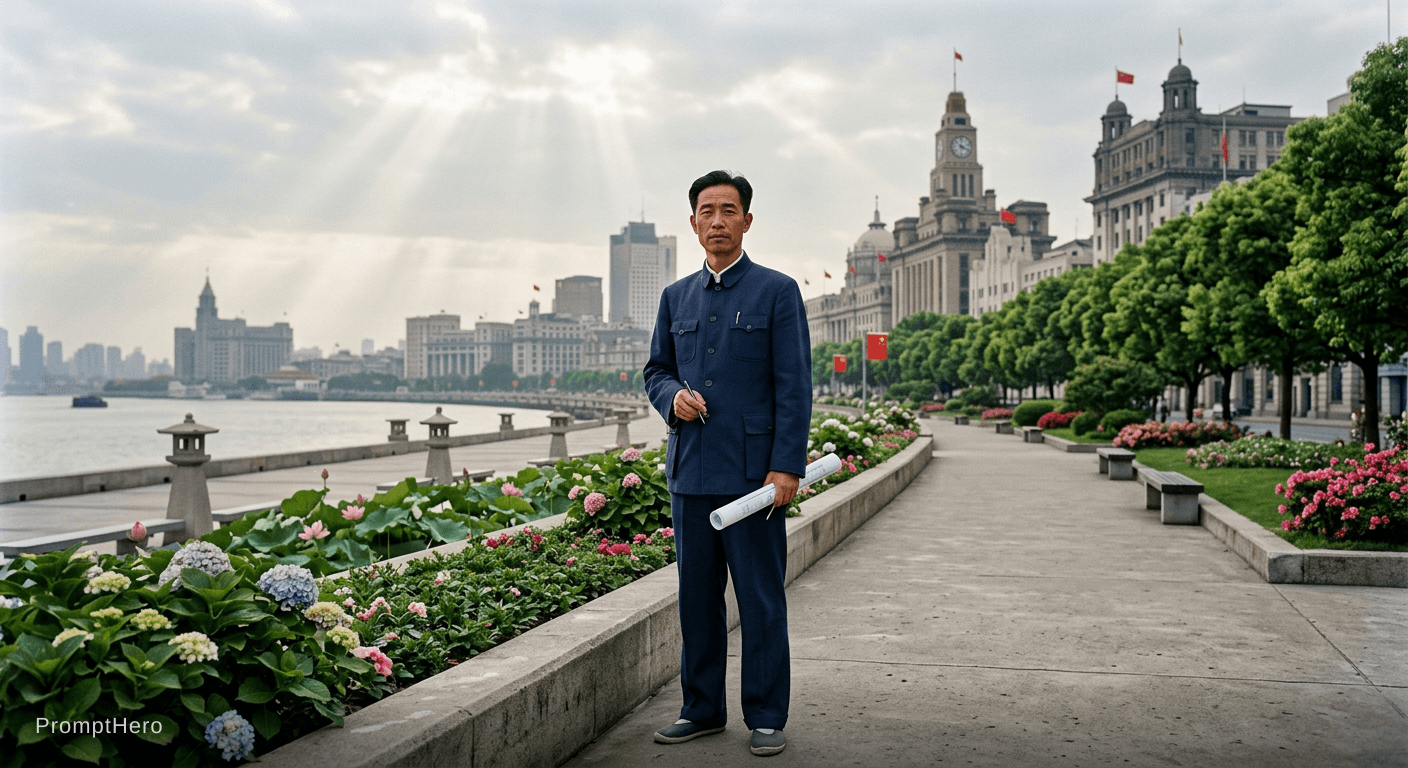 AI generated: Shanghai during early 50s, a man of early 40s in Republic of China clothing, standing in full body i...