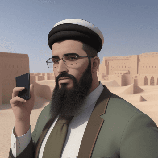AI generated: en 3D, jeune chercheur algérien en génie civil, avec une faible barbe, utilise son PC portable, écri...