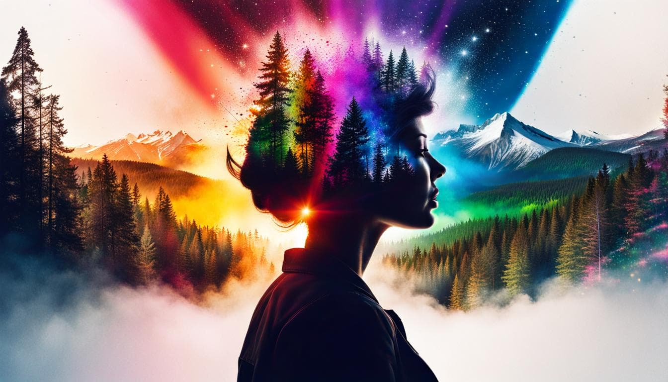 AI generated: "rainbow+_city+Face_peace_+stars+forest+explosion, double exposure, double exposure splash art and p...