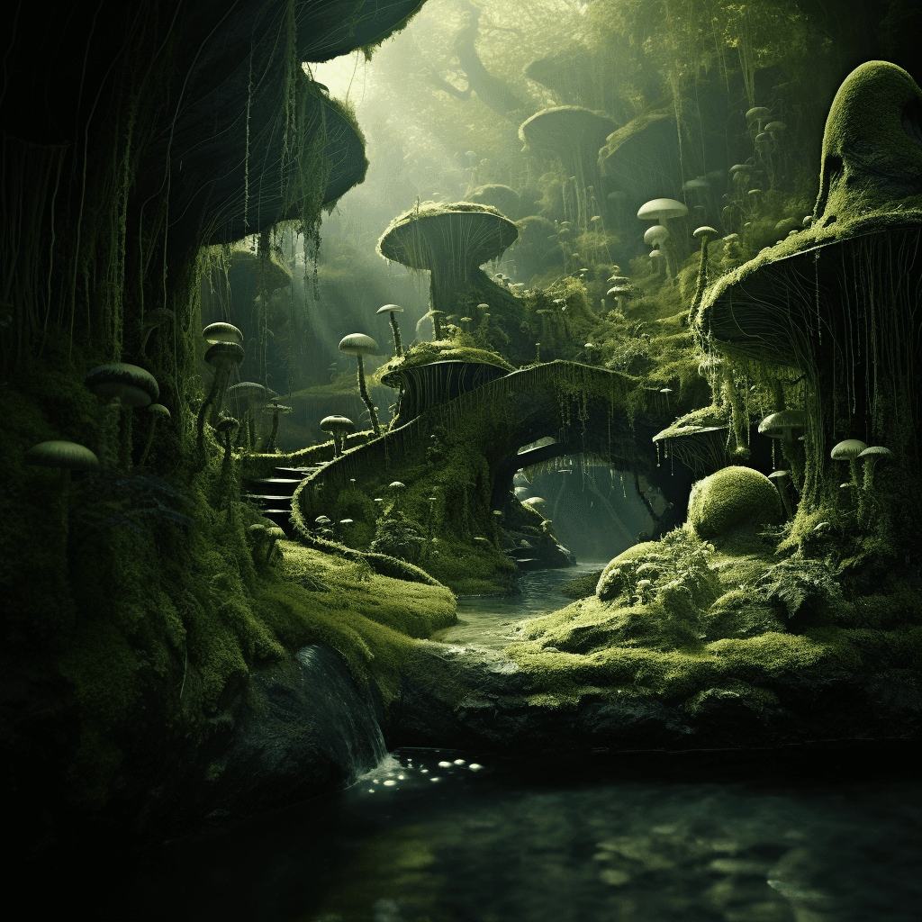 AI generated: green moss in the forest, in the style of matthias grünewald, organic form, kazimierz dąbrowski, sve...