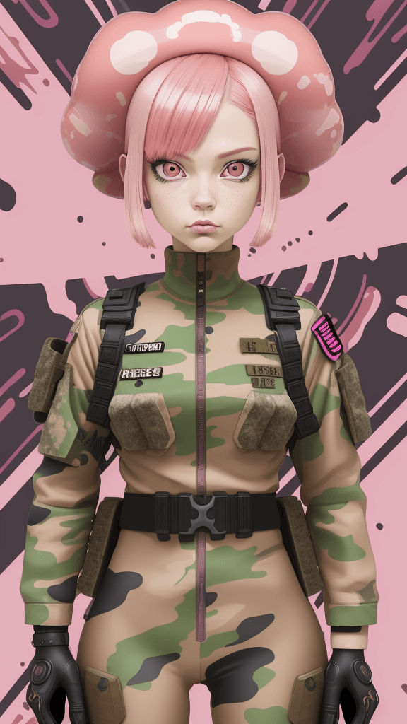 AI generated: in a funky army background portrait of little mushroom woman, pink hair, wearing army attire, Promin...