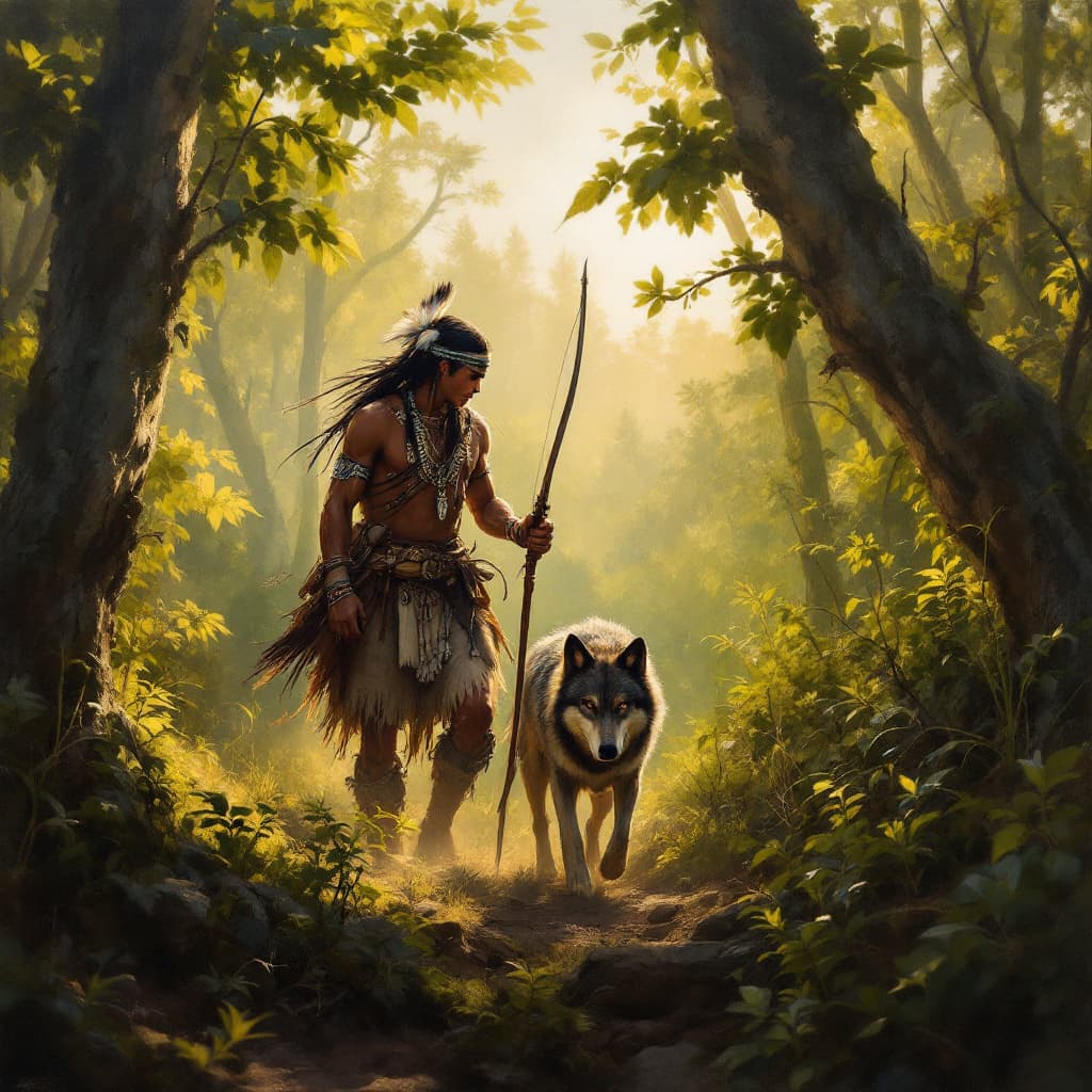 AI generated: A highly detailed oil painting depicting a Choctaw Indian and his wolf companion hunting in a dense,...