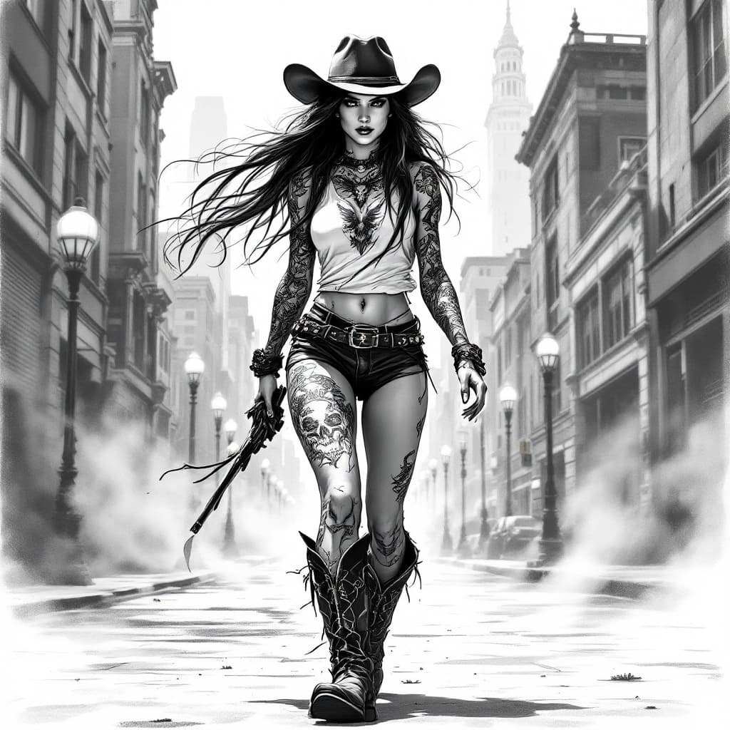 AI generated: Create a detailed digital drawing of an urban cowgirl in a dynamic full-body pose, walking confident...