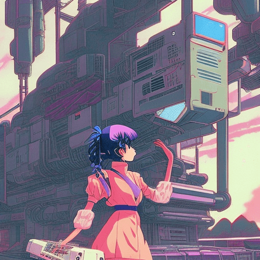 AI generated: 80s anime still, girl fixing a mech, retro fashion, muted retro colors, style of Dragons Heaven