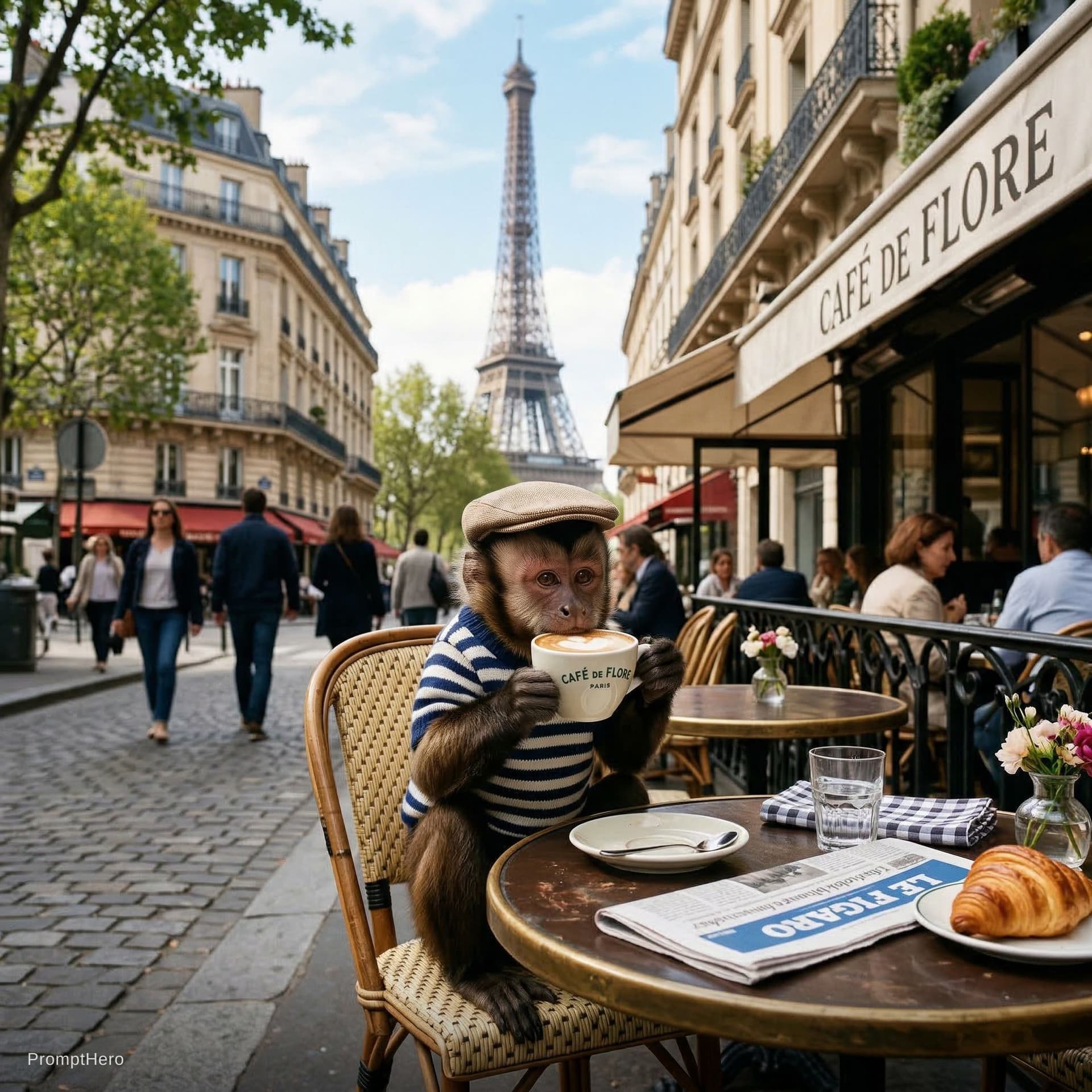 AI generated: A monkey sipping a cappuccino in Paris