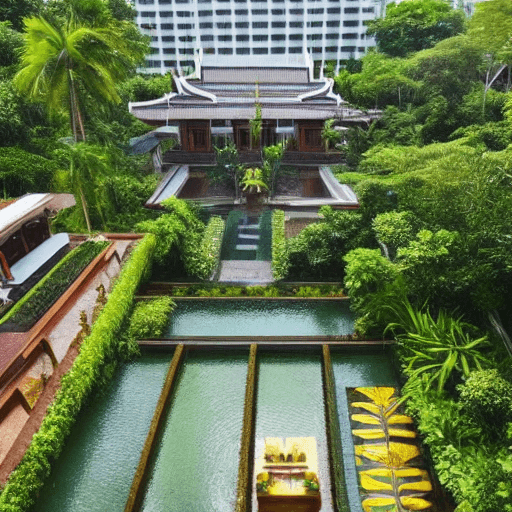 AI generated: A thai style house in bangkok with a big garden and a waterfall and a skyline full of tall buildings...
