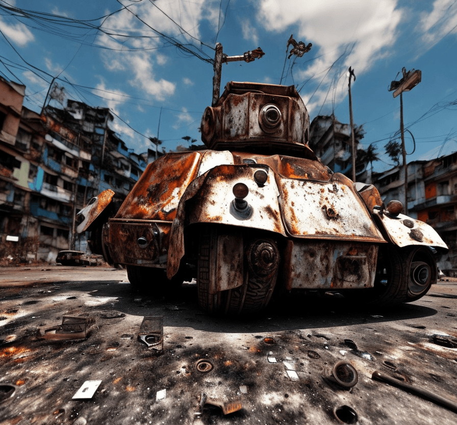 AI generated: a  lost  rusted white big panzer  is dead. It is lying on its back on  the ground in the street in a...