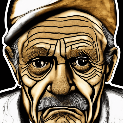 AI generated: portrait of an elderly man with painted face in golden brown with white outline, in the style of pir...