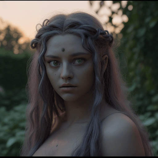 AI generated: medusa with beautiful face and beautiful eyes standing in a garden at sunrise  watching to camera cl...