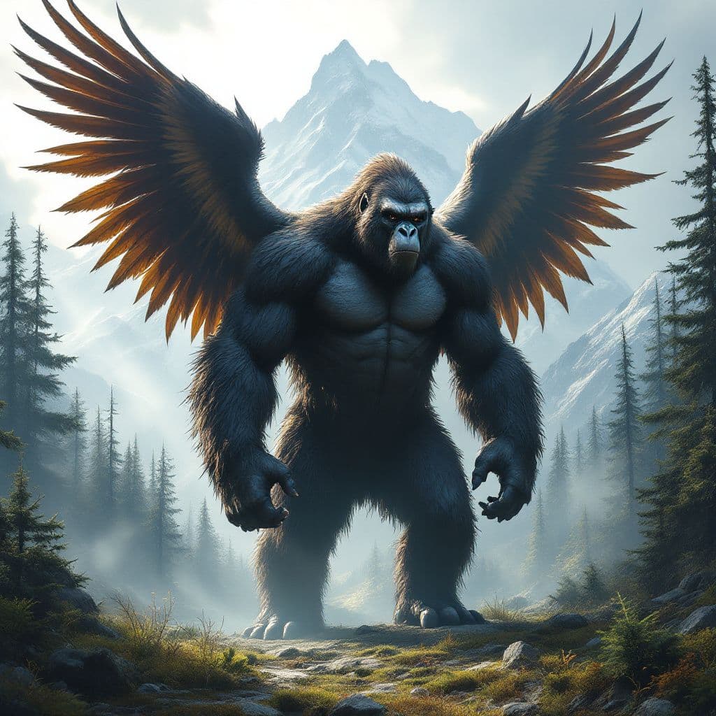 AI generated: A majestic hybrid creature, blending the powerful physique of a gorilla and the soaring wings of an ...