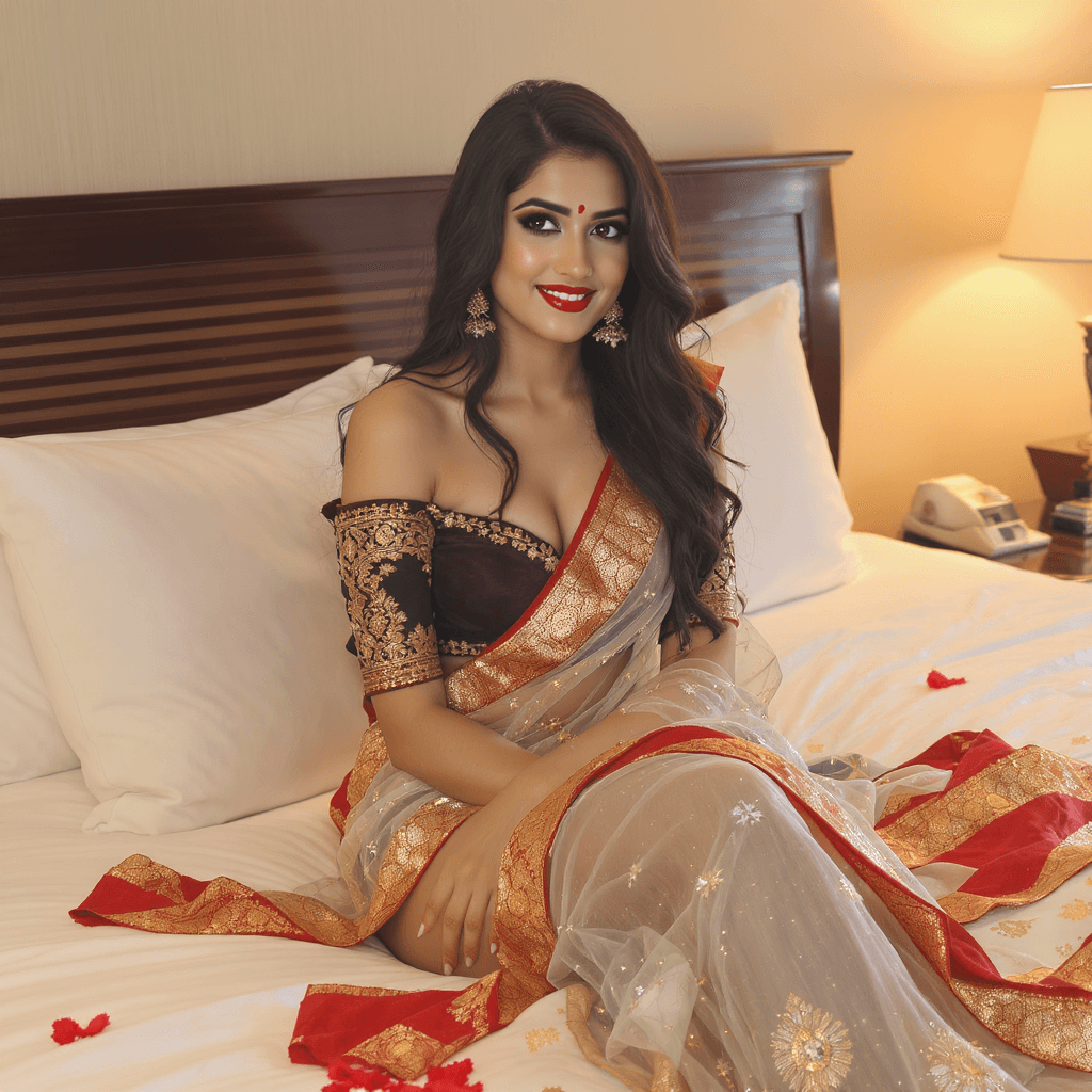 AI generated: busty indian with off shoulder blouse in transparent saree, sitting on bed