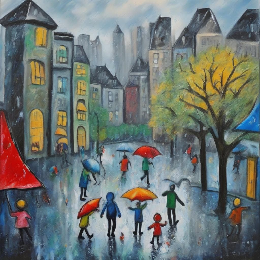 AI generated: rainy day in the city playground, acrylics, gouache painting, style of Marc Chagall