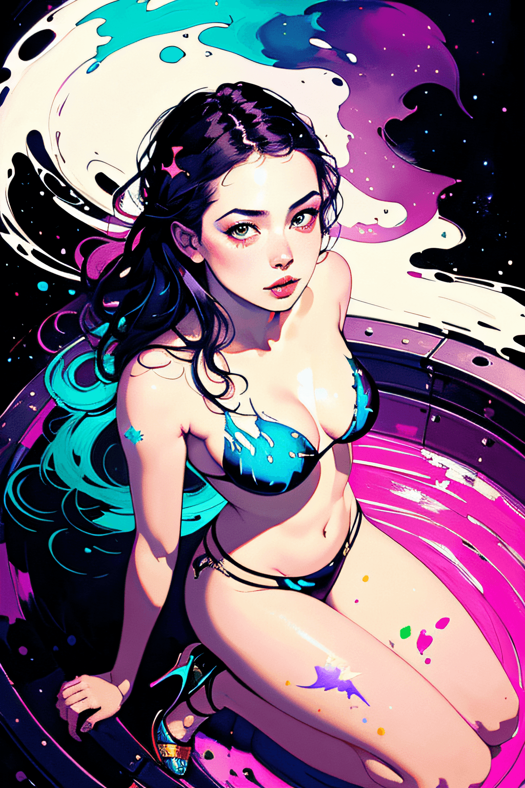 AI generated: a beautiful ravishing naked woman completely covered in paint floating in a pool, beautiful lighting...