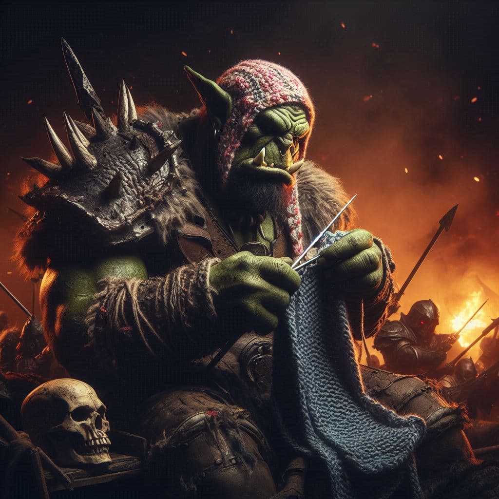 AI generated: A photo of a very intimidating orc on a battlefield, concentrates on crochetting while the battle ar...