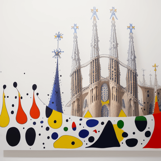 AI generated: Hyper realistic paint joan miro abstract panoramic size, white background, draws of sagrada familia ...