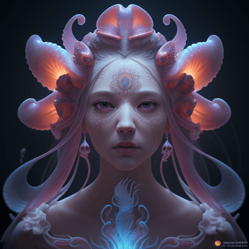 AI generated: Goddess close-up portrait ribcagel. jellyfish phoenix head, nautilus, orchid, skull, betta fish, bio...