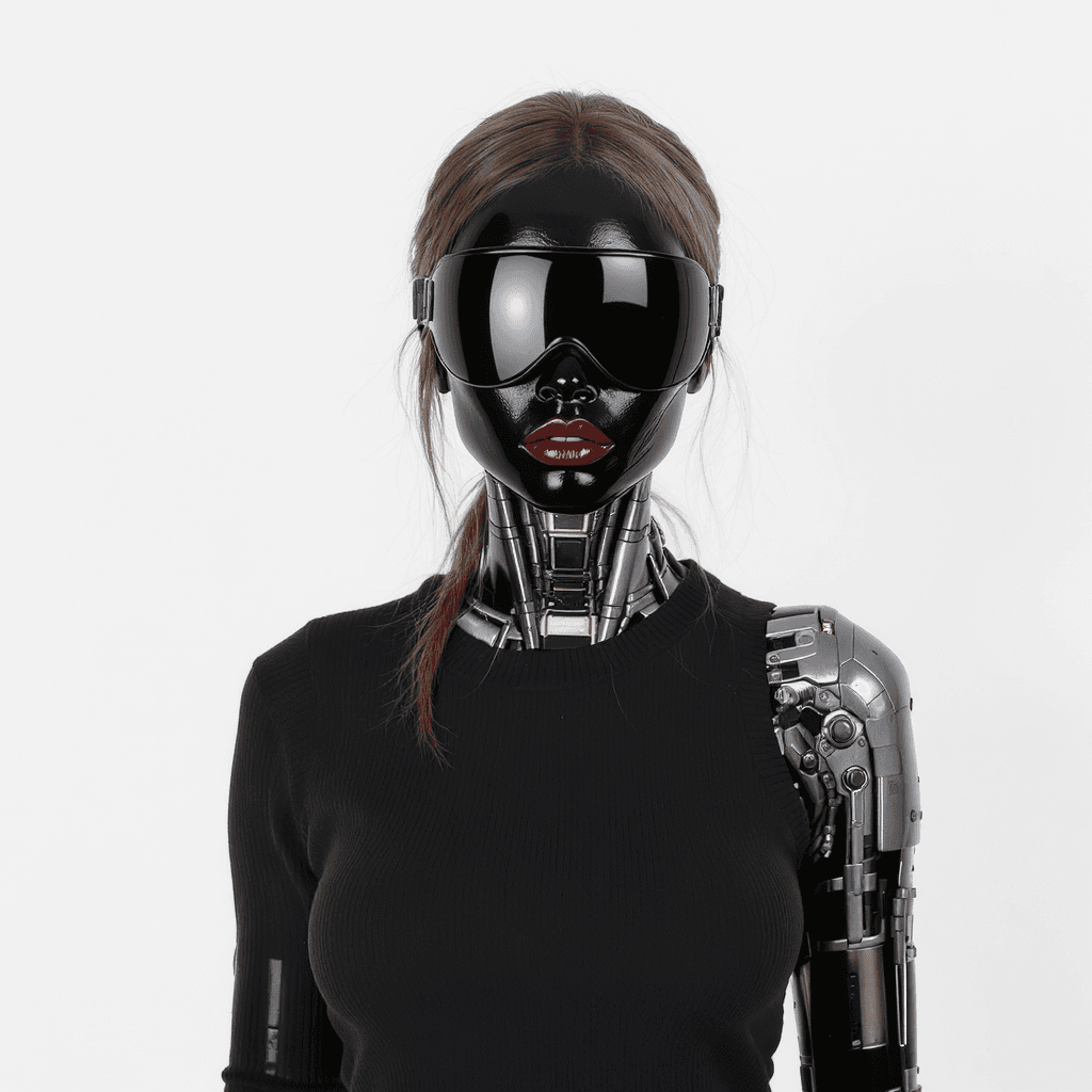 AI generated: A woman with half of her face covered in black plastic, and the other side is made up in the style o...