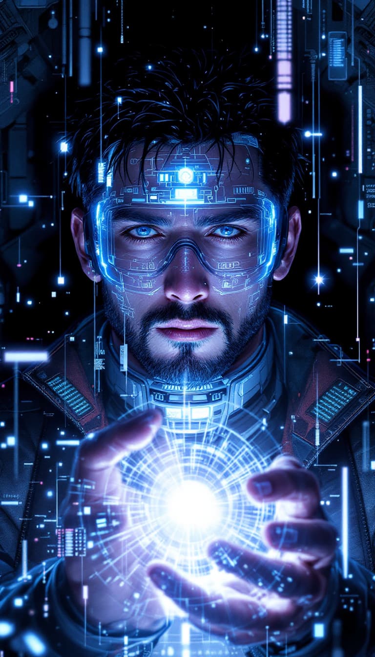 AI generated:  Portrait of a futuristic cyberpunk rebel leader, centered, adorned with revolutionary tech, in a hi...