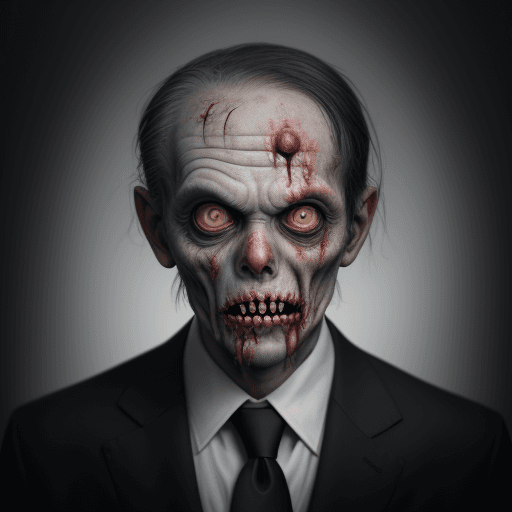 AI generated: zombie, depicted as aruthless CEO of a Fortune 500 company, surrealism, Sony FE 70-200mm f/2. 8 GM O...