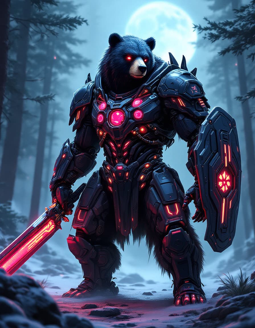 AI generated: A futuristic cyborg black bear General neon-lit body and intricate circuitry a cybernetic enhanced s...