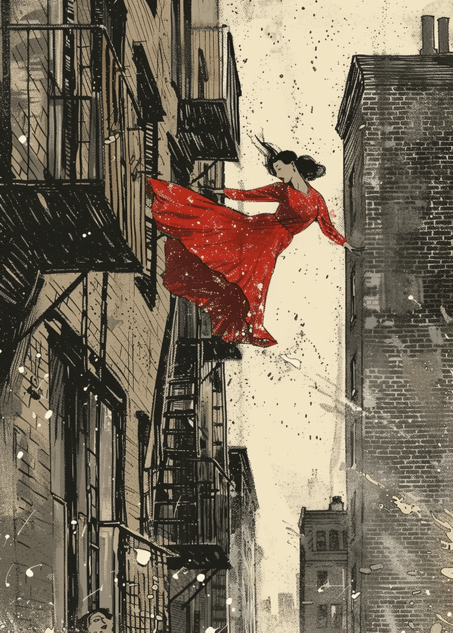 AI generated: a woman in red dress falling backwards out of an apartment window, view from street level, drawn by ...