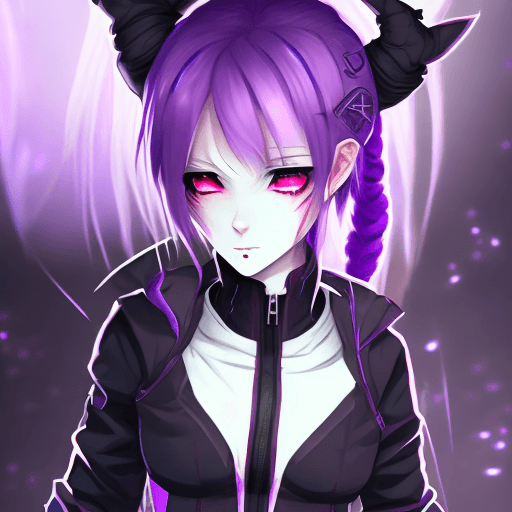 AI generated: 
beautiful girl, pretty face, pale-skinned demon girl in techwear, full body, purple hair ponytail, ...