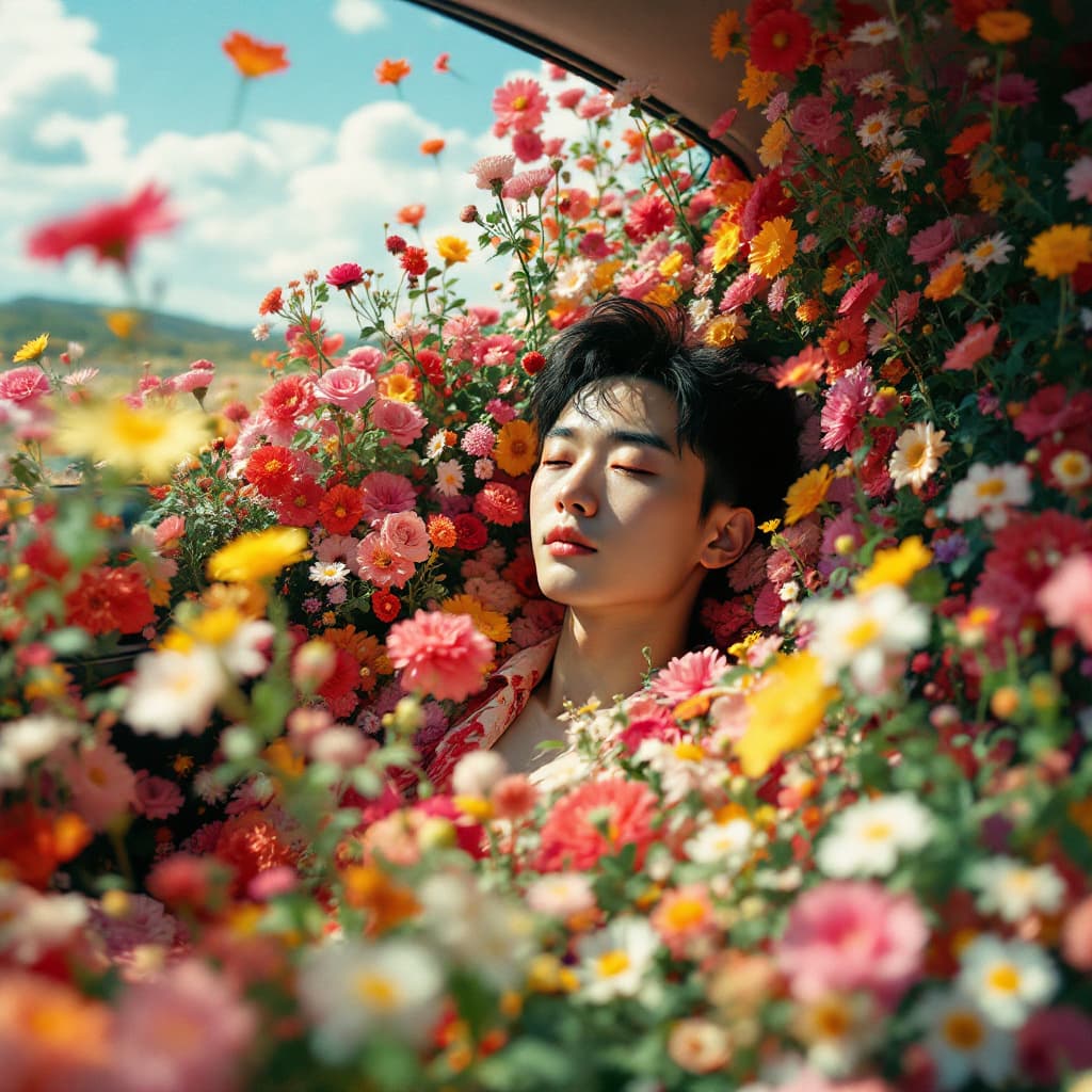 AI generated: a  china man in car filled withflowers, art by Rinko Kawauchi, in the style ofnaturalistic poses, va...