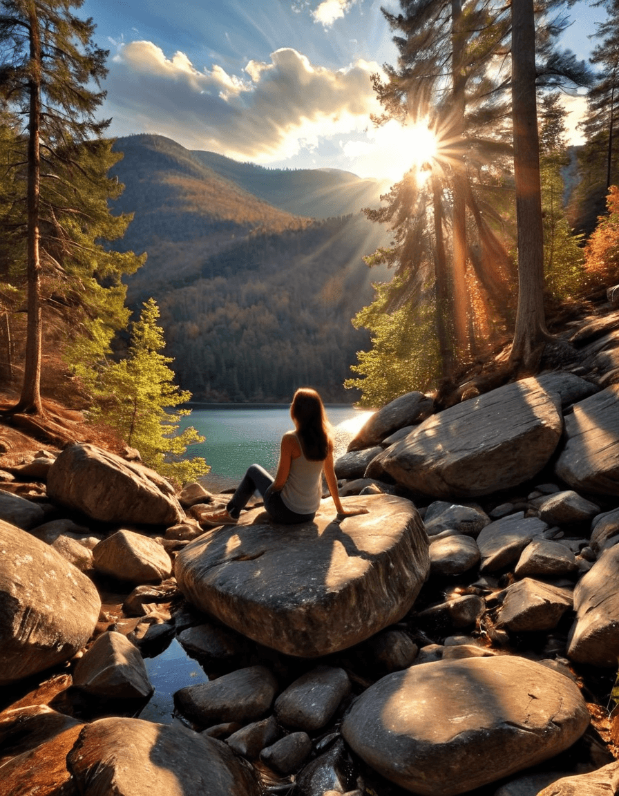 AI generated: woman, low angle, sitting on a large rock, long brunette hair, mountain lake, forest, peaceful, sere...
