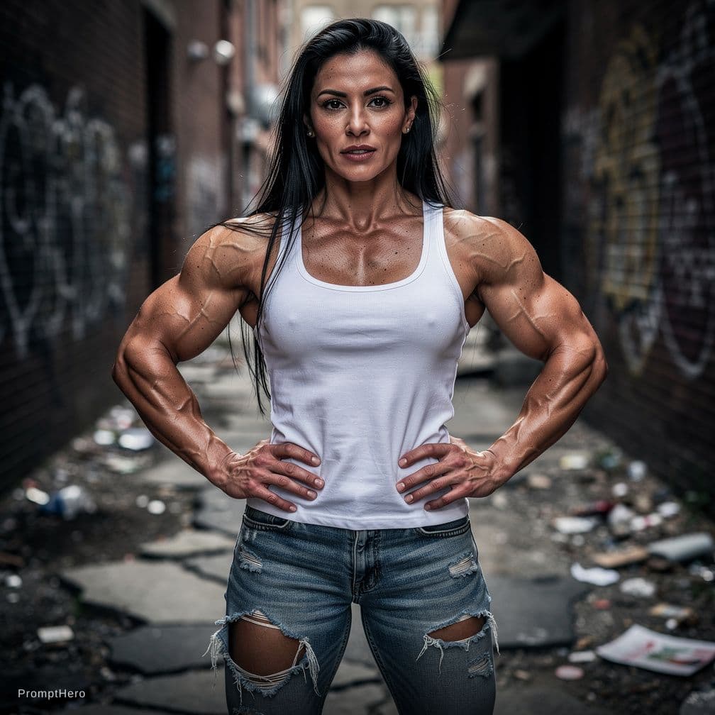 AI generated: Hyperrealistic art sharp focus, detailed edges, beautiful woman face, A perfect photo of a muscular ...