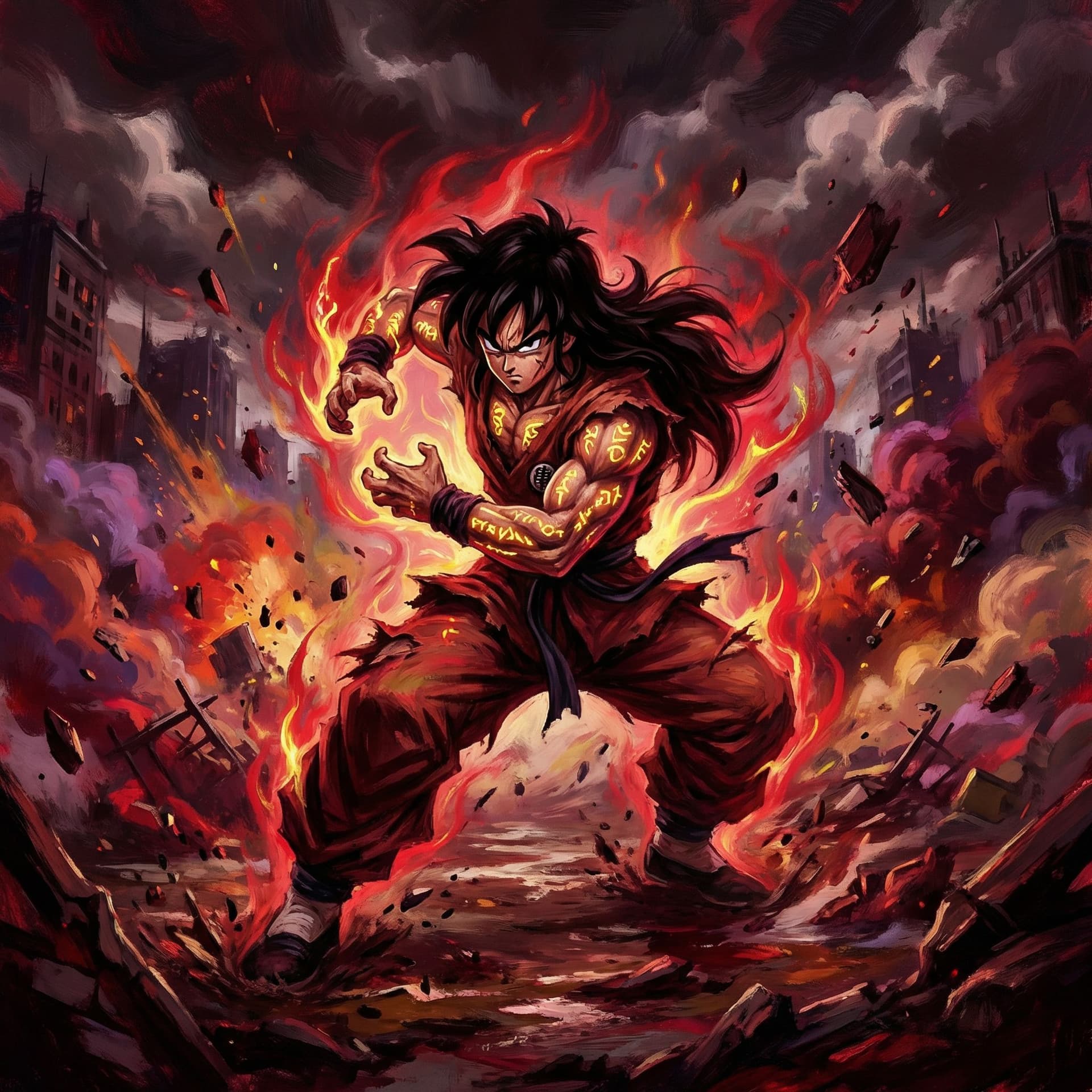AI generated: "painterly style, Yamcha fighting at war, raging, black long hair, character design, body is adorned...