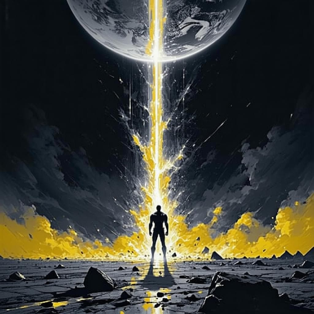 AI generated: Darkwave, synthwave,  epic music album cover. It portrays a close up of a floating very muscular per...