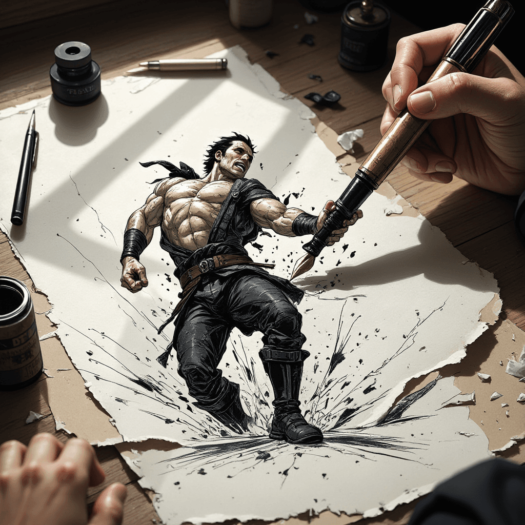 AI generated: A dramatic close-up of an artist's sketch paper on a desk, where a fierce warrior is climbing up and...