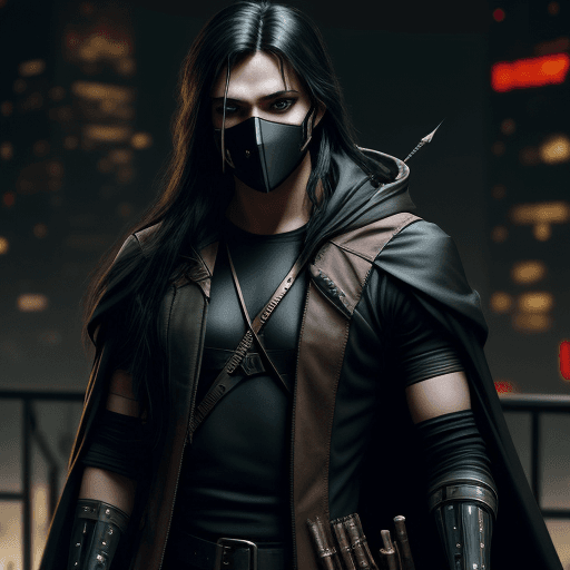 AI generated: Cyberpunk, robin hood, holding a composite bow, stylish, masked, dark clothes, black long hair, male