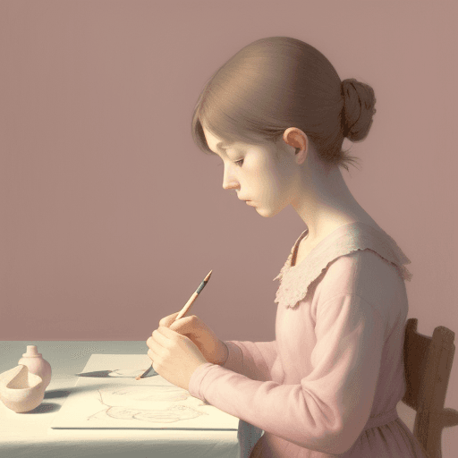 AI generated: A contemplative artist, sketching a still life, in the style of Felice Casorati, a muted palette, wi...