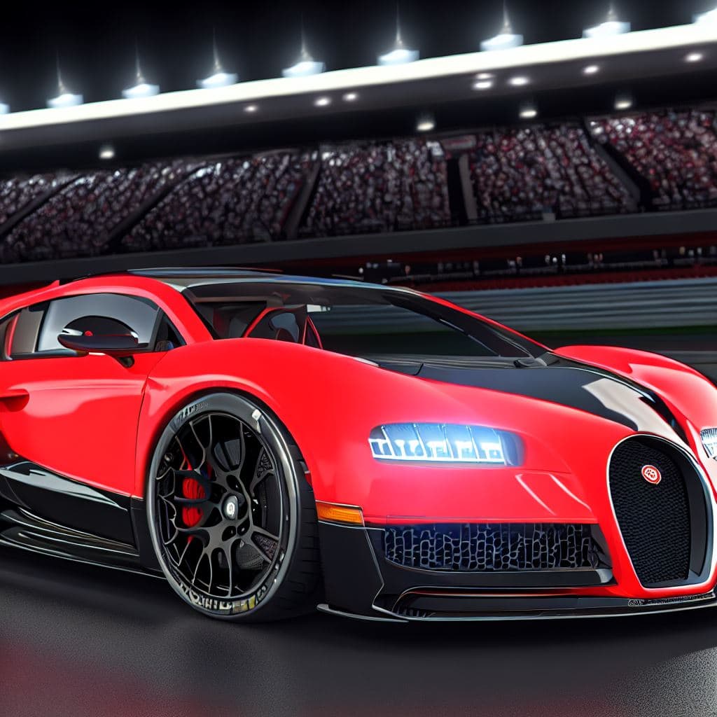 AI generated: A red Bugatti Chiron pur sport with black wheels, showroom lights, pbr materials, reflections, super...