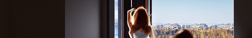 AI generated: HDR photo of beautiful woman, long bronze hair, fair complexion, (freckles:0.5), from behind, sittin...