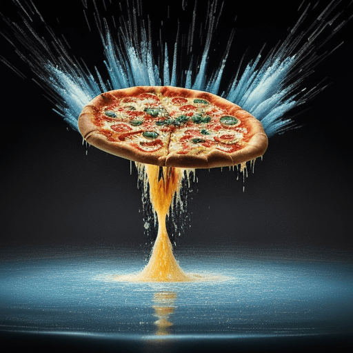 AI generated: large pizza with many toppings, in the style of luminosity of water, lively movement portrayal, dark...