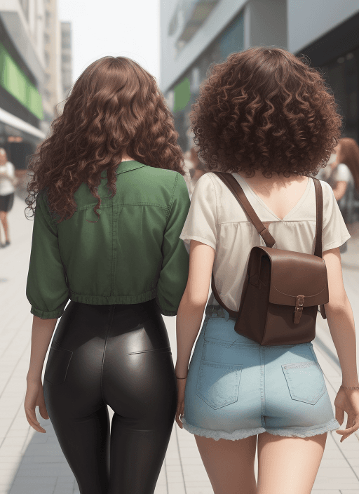AI generated: two girls with theirs back from afair, one with long wavy brown hair and the other with short curly ...