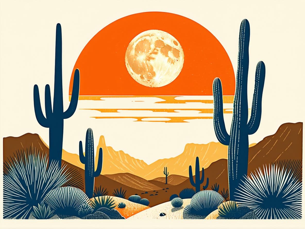 AI generated: Risograph print of a desert landscape with cactus, simple linocut style, with a colorful background ...