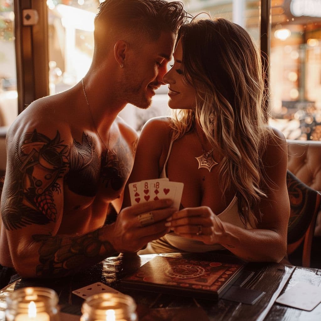 AI generated: A beautiful couple, man and woman, wearing underwear, sitting to front of each other and playing a r...