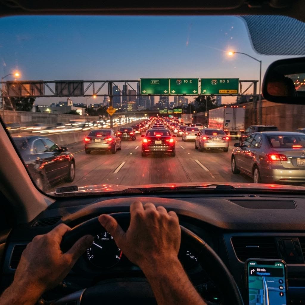AI generated: End-of-day rush hour on a Los Angeles freeway, POV from the driver’s seat; lower frame shows a sligh...