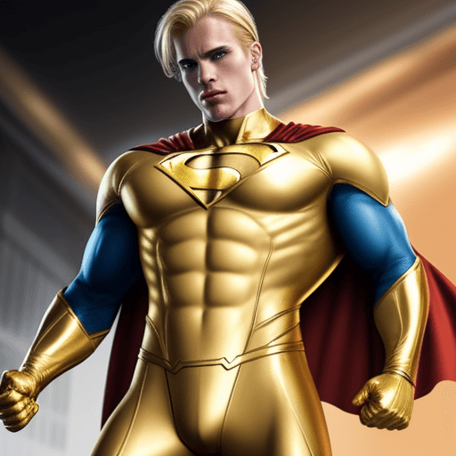 AI generated: male superhero named champion blond hair, gold suit
