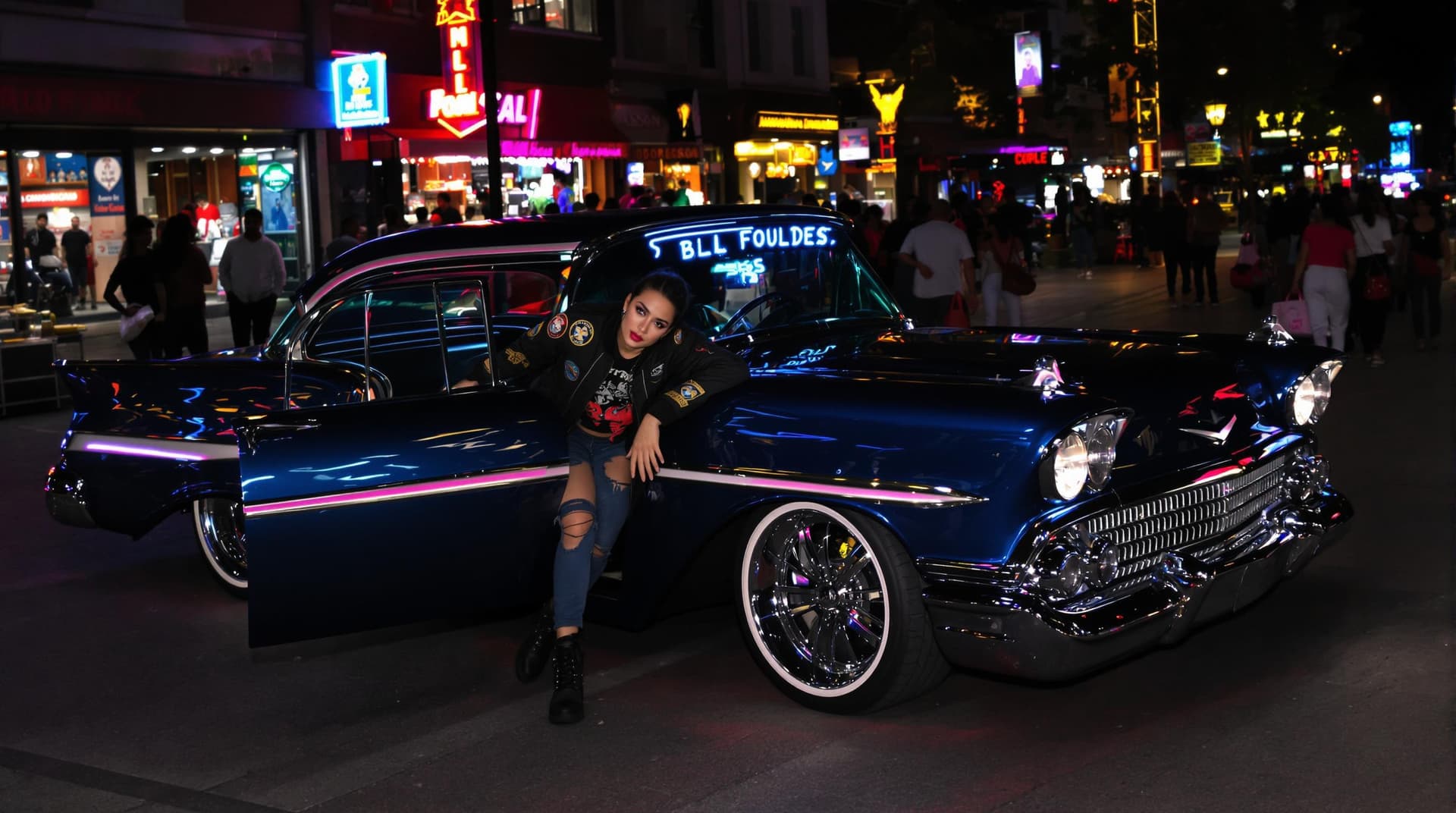 AI generated: A Latin-American woman, 22 years old, leaning out of the driver's side of her pimped-out 1959 Chevro...